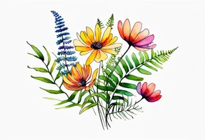 Multi colored wild flowers long stems bouquet with ferns all watercolor tattoo idea