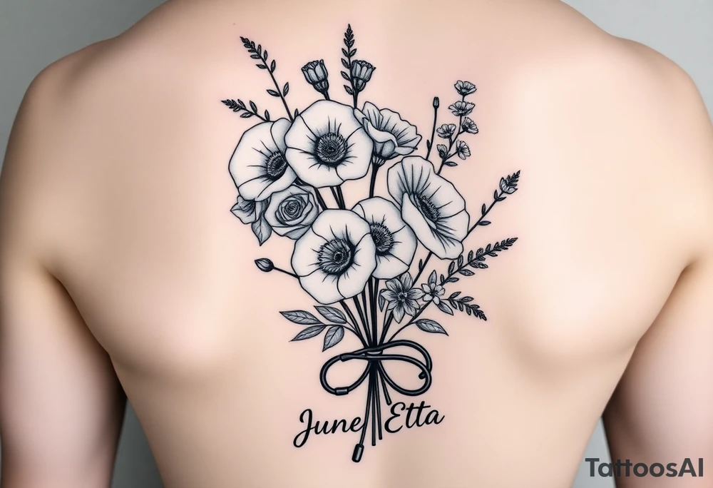 6 inches tall by 4 inches wide approximately, black and white tattoo with a bouquet of hollyhocks, one wild rose, and two wild flowers, put a stethoscope along the side without putting it into the bouquet and the name June Etta , make the tattoo taller than it is wide, make the bouquet have a bow towards the bottom holding the flowers like they had just been picked from the garden still with the stethoscope along the side tattoo idea