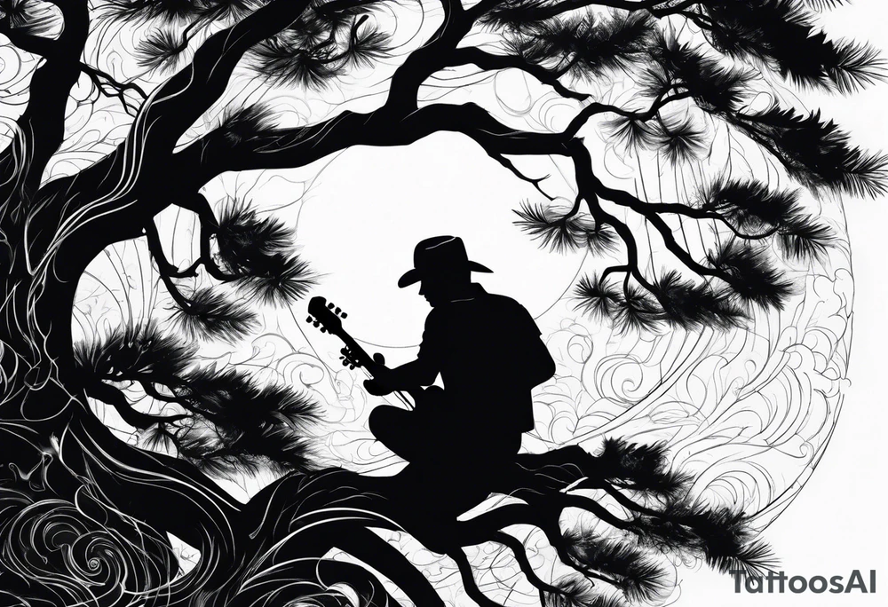 silhouette of a man sitting on a pine tree branch, playing electric guitar tattoo idea