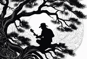 silhouette of a man sitting on a pine tree branch, playing electric guitar tattoo idea