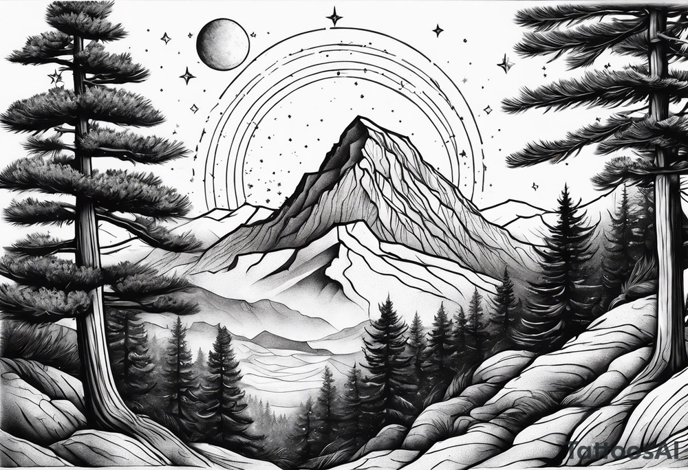 A mountain in the background, with a pine tree in front of the constellation of Aquarius tattoo idea