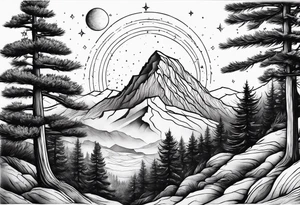 A mountain in the background, with a pine tree in front of the constellation of Aquarius tattoo idea
