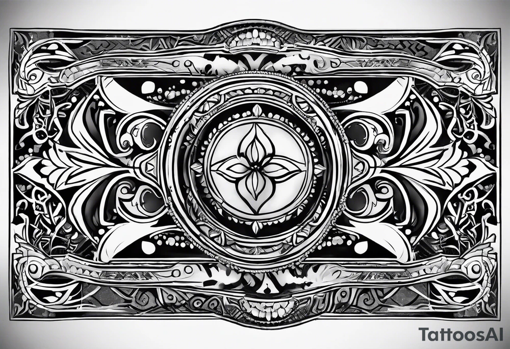 tramp stamp with the words “tramp stamp” with neotribal line art on either side tattoo idea