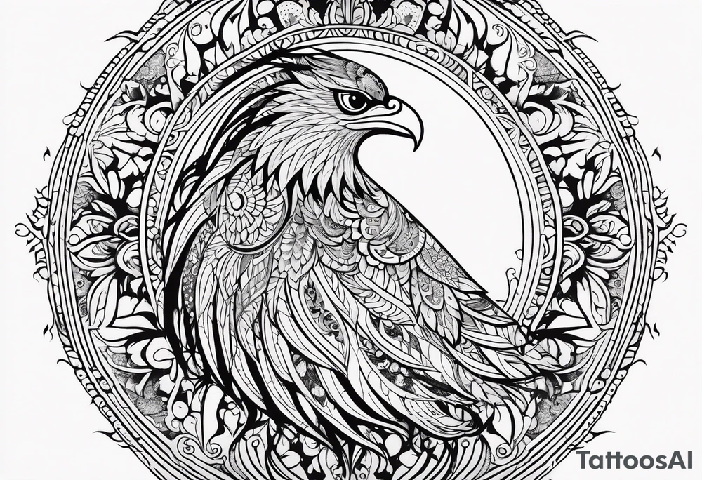 Tribal bohemian feminine impowering Phoenix rising with smoke, mandala sun, floral, lace background tattoo idea