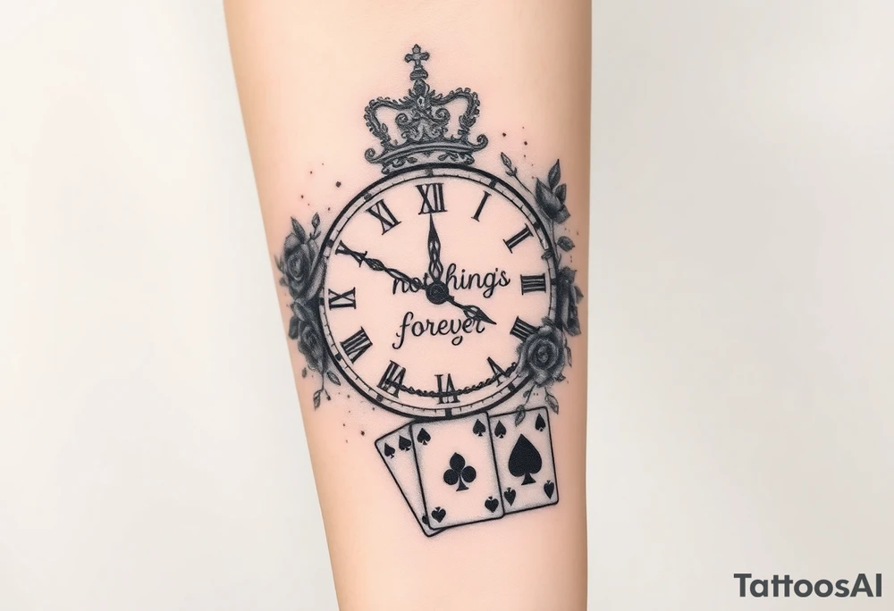 Roman clock with roses and a crown, a quote that says nothings forever. and on the bottom a deck of cards tattoo idea