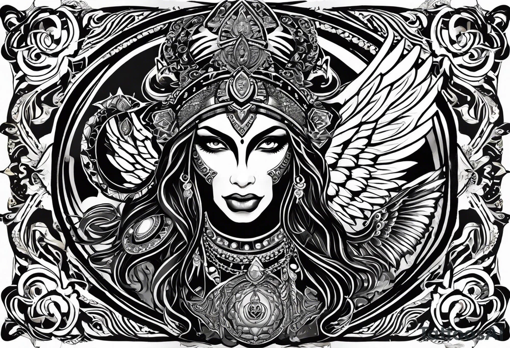 black kali, goddess pirate, alien, angel, pachamama, valkrye, warrior, flying, skull, lotus azul, wing, eagle, zenza resonance, stars, 5D, anahata chakra, death, durga, riding on a tiger, flying lady tattoo idea