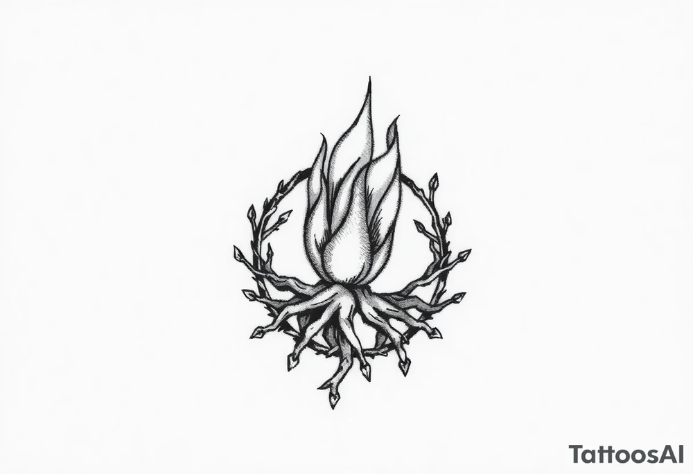 flame in a blooming roots circle tattoo idea