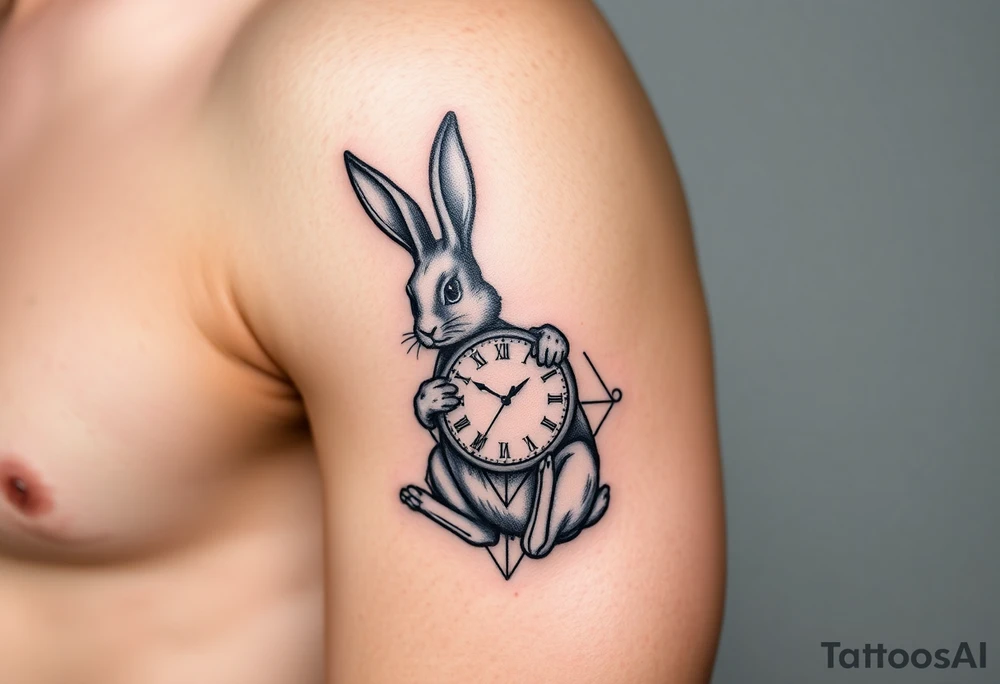 Geometrical rabbit holding a clock tattoo idea