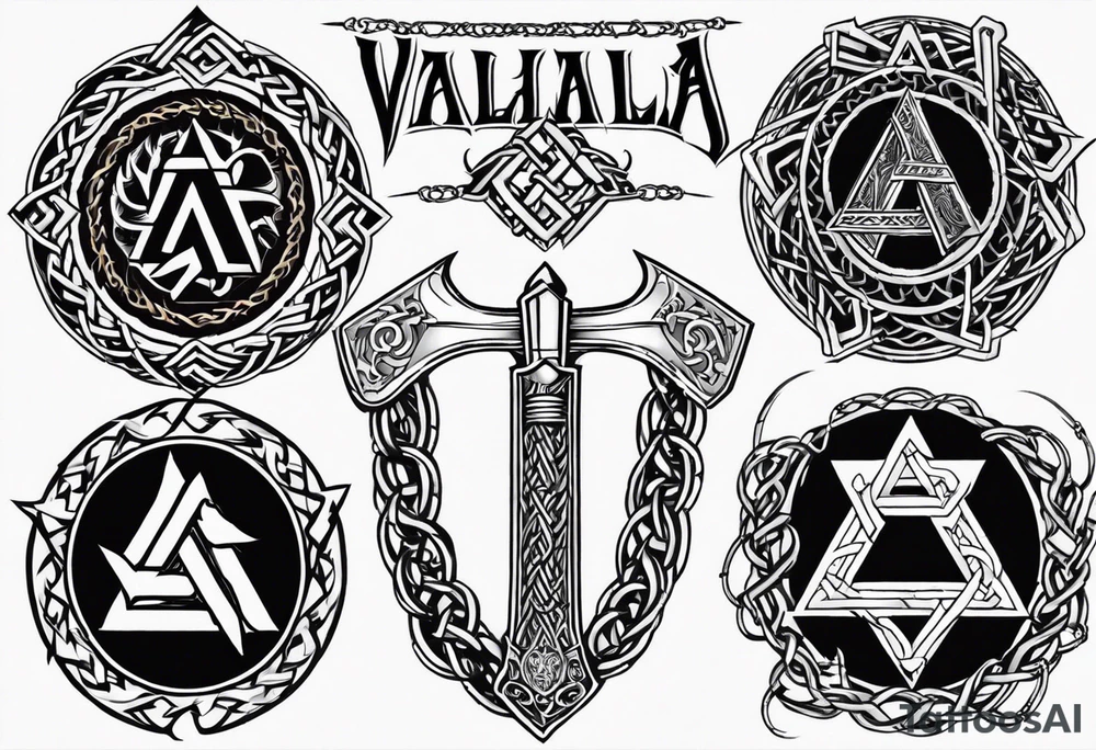 Valhalla sword shield dragon axe barbed wire chains valknut fire tattoo idea Valhalla sword shield dragon axe barbed wire chains valknut fire tattoo idea