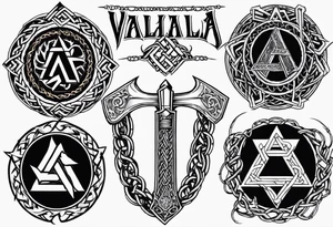Valhalla sword shield dragon axe barbed wire chains valknut fire tattoo idea