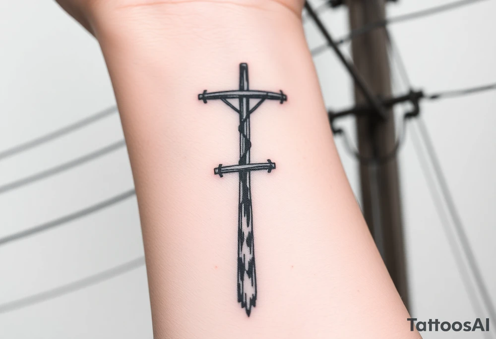 a wooden 12kv distribution pole with electrical lines. Make the pole a cross that has a hidden resemblance to god. tattoo idea