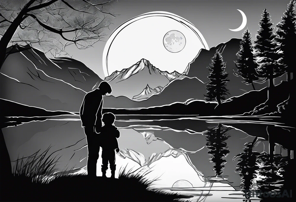 Father in between 6 year old daughter and 2 year old son. Standing in front of water with their reflection with tree beside them and mountains in the background. Moon in the sky reflecting in the water tattoo idea
