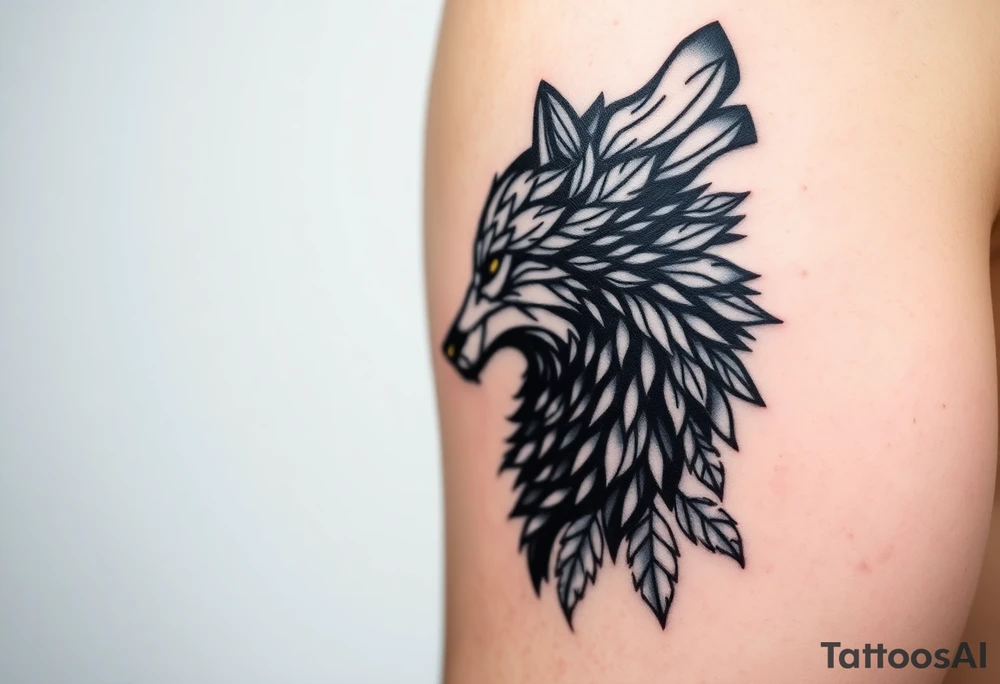 Wolf right side of the face abstract inspired direwolfs from Game of Thrones, abstract lines add leaves around it, do it detailed and majestic tattoo idea
