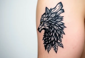 Wolf right side of the face abstract inspired direwolfs from Game of Thrones, abstract lines add leaves around it, do it detailed and majestic tattoo idea