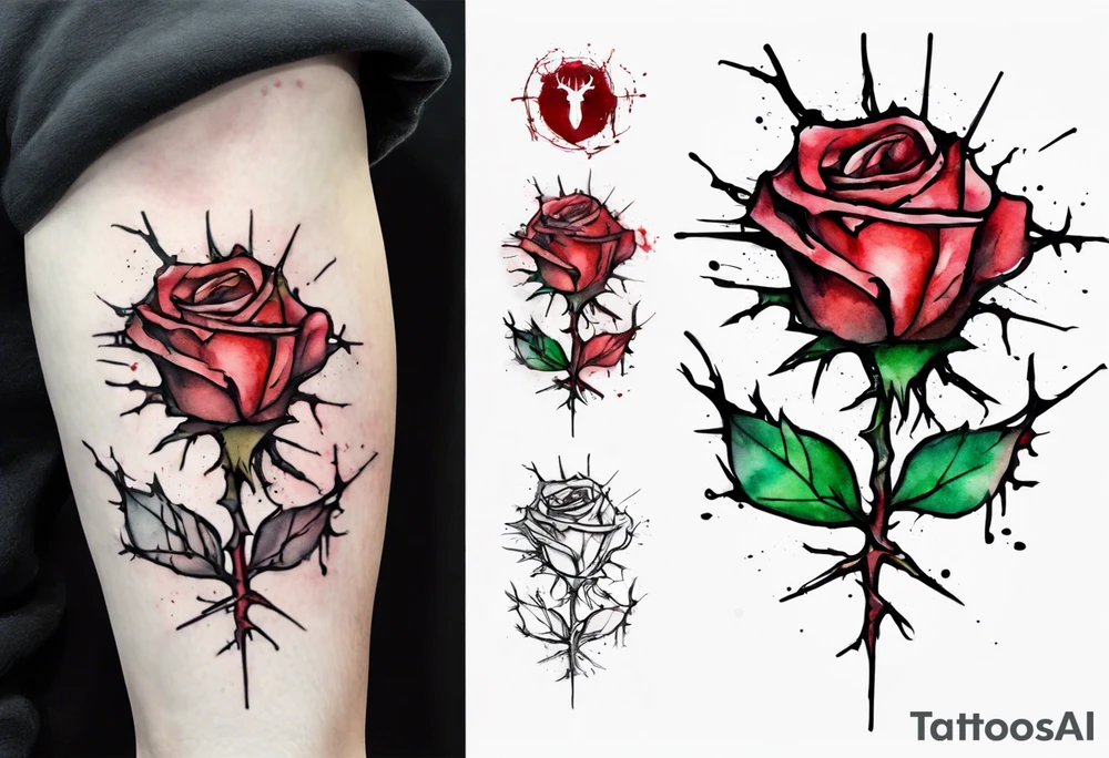 a bleeding watercolor rose, with Jesus' crown of thorns as the stem, simple, one line tattoo idea