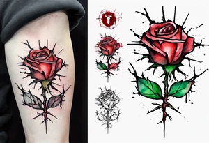 a bleeding watercolor rose, with Jesus' crown of thorns as the stem, simple, one line tattoo idea