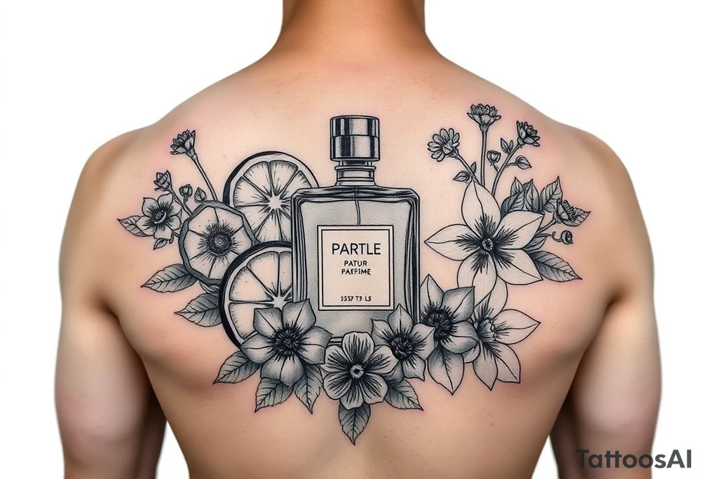 Modern perfume bottle surrounded by sliced citruses, woods, water and violet flowers tattoo idea