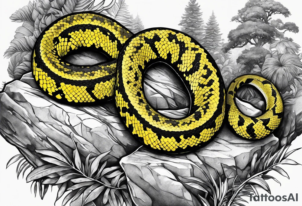 Black and grey realistic yellow blotched pit viper snake with rainforest background on forearm tattoo idea