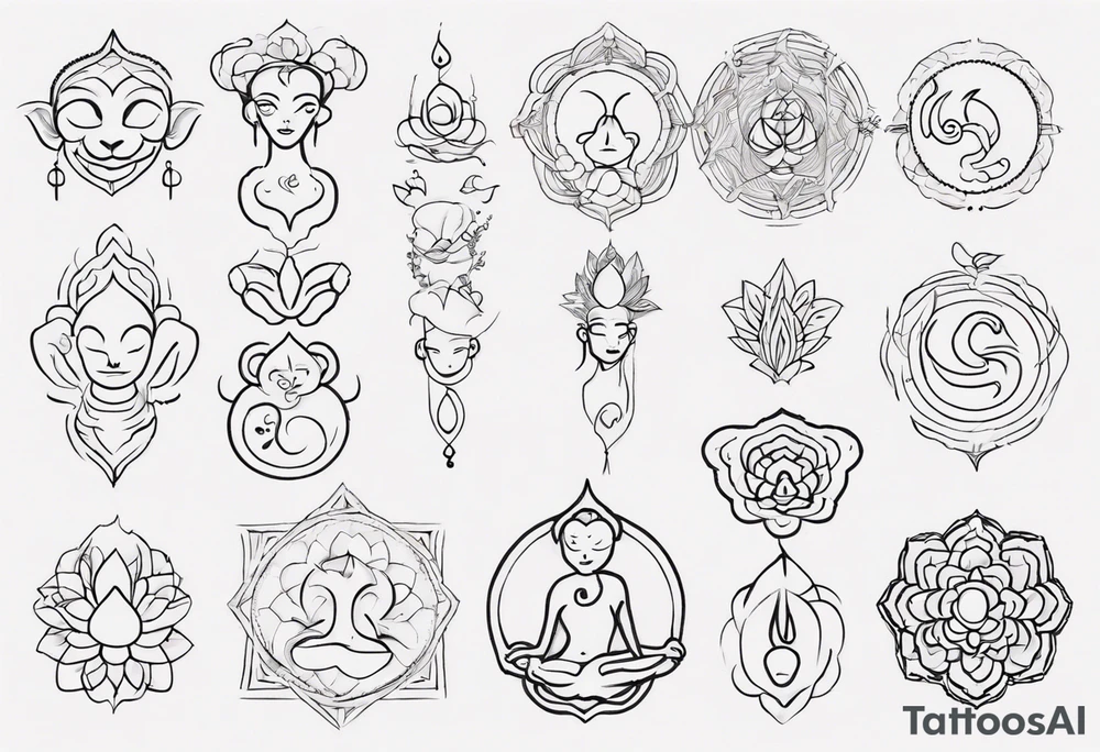 Creat a feminine line art tattoo. Single line. Images include monkey icon, pie icon, the Thai symbol for ten, and the breathe yoga symbol. Put icons in a long single line and keep them separate. Connect with dots and dashes. tattoo idea