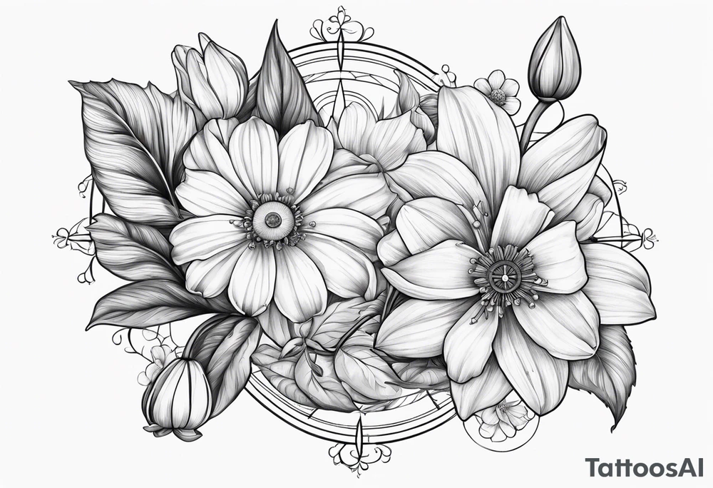 Daisy, Lilly of the valley, poppy, lily compass tattoo idea