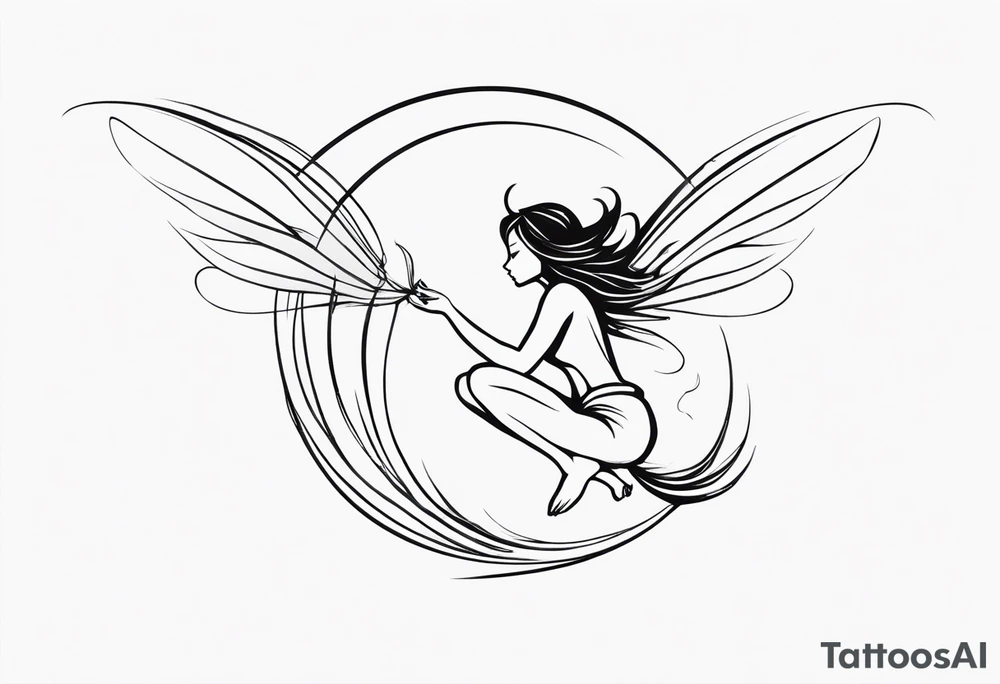 Minimalistic, monochromatic fairy with a tail flying to the left in a fetal position, leaning and looking in the same direction, with visible hands, embodying the 'Fairy Tail' logo aesthetic. tattoo idea