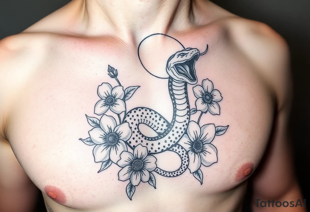 A snake slithering in different flowers with a quarter moon in the background tattoo idea