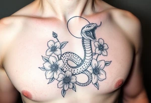 A snake slithering in different flowers with a quarter moon in the background tattoo idea