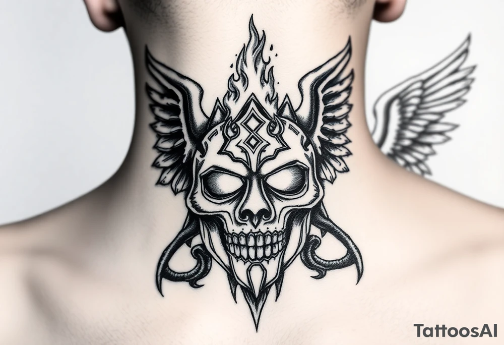 Realistic neck tattoo design. On one side, near one ear, a screaming demon facing inward. On the other side, near the other ear, a screaming angel facing the demon. Between them, in the center of the front neck, a cracked ancient mask with fire and light emerging from inside, symbolizing inner conflict and balance between good and evil. Highly detailed black and grey style, fine line shading, symmetrical, intense emotion, realistic texture. tattoo idea