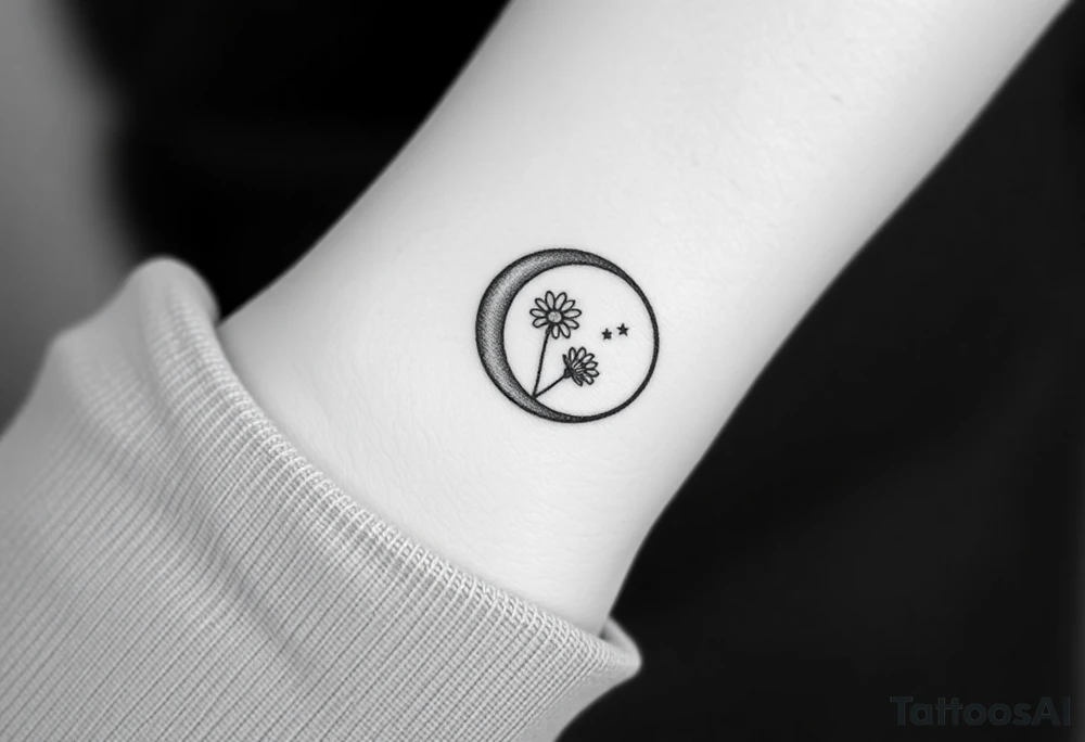 Small black and white tattoo waxing crescent moon with small Daisy birth flower and tiny Leo gliph tattoo idea