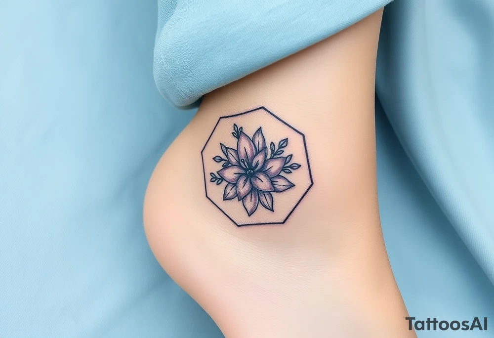 Faint Hexagon with Leo, larkspur and water lilies in the center tattoo idea