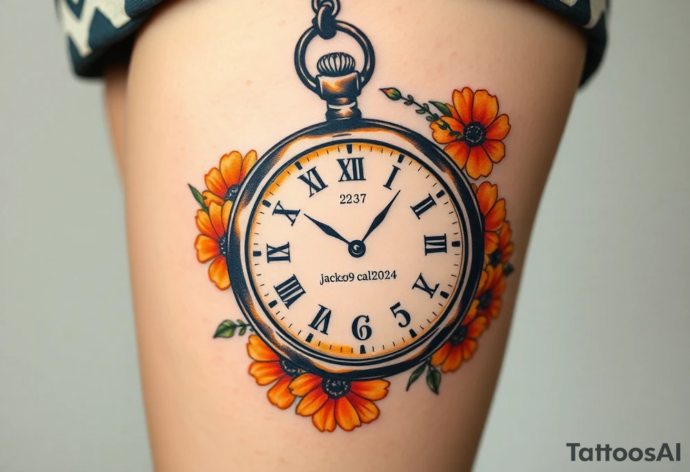 Beautiful pocket watch reading 2:37 with  10/09/2024 in Roman numerals and name Jackson Calloway in the face of watch surrounded by orange marigolds tattoo idea