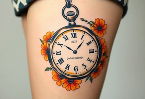 Beautiful pocket watch reading 2:37 with  10/09/2024 in Roman numerals and name Jackson Calloway in the face of watch surrounded by orange marigolds tattoo idea