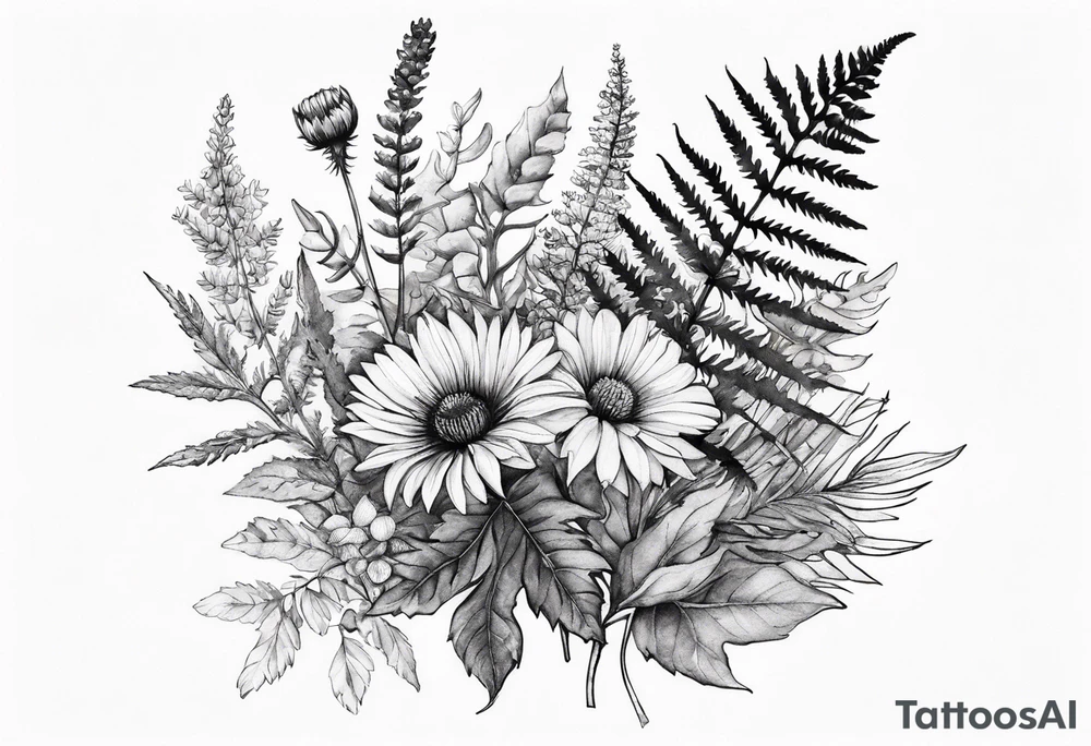 small vertical mixed wildflower bouquet with ferns, thistle and with watercolor tattoo idea