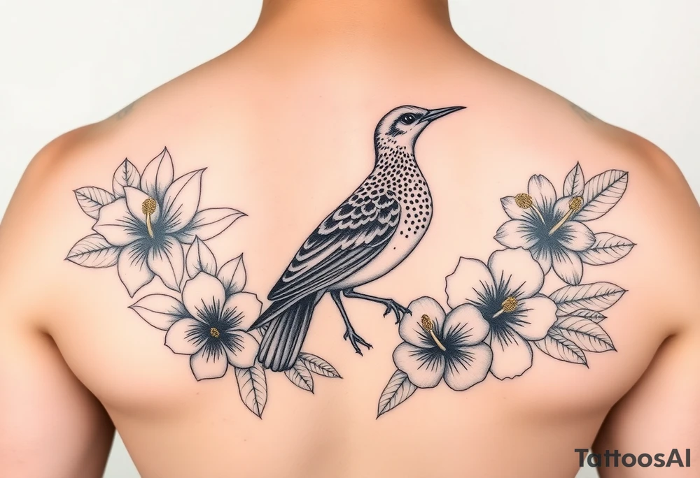 Female pacific golden plover (kolea) bird with heliconia flowers, hibiscus flowers, bird of paradise flowers, beehive ginger, shampoo ginger, red tahitian ginger, surrounded by crown flower lei, puakenikeni lei, and ti leaf lei tattoo idea