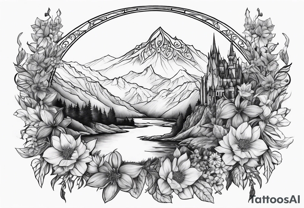 Lord of the rings with foral design tattoo idea