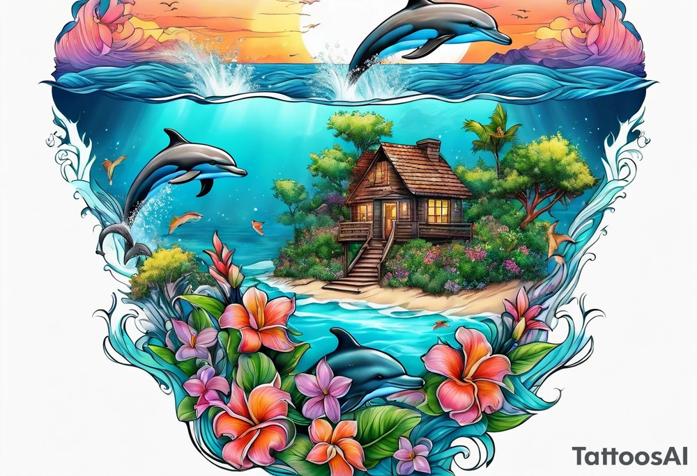 Dolphins ocean beach flowers trees tattoo idea