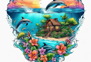 Dolphins ocean beach flowers trees tattoo idea