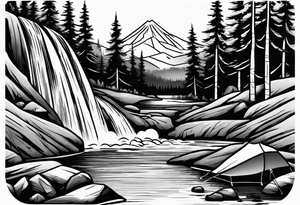 waterfall going into a river with a camp site tattoo idea