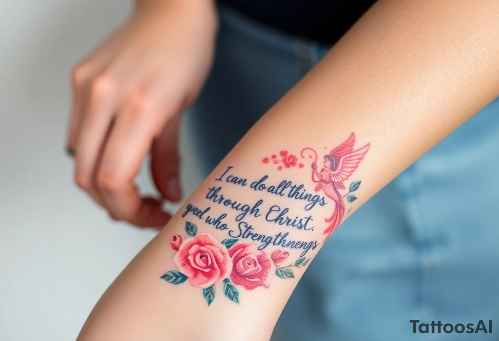 mary king and the bible verse “i can do all things through christ who strengthens me” and the verse with roses and an angel tattoo idea