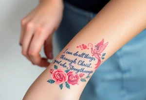 mary king and the bible verse “i can do all things through christ who strengthens me” and the verse with roses and an angel tattoo idea