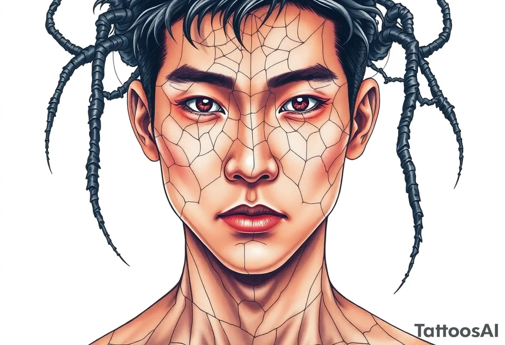 Handsome Asian young guy covered with spiders web tattoo idea