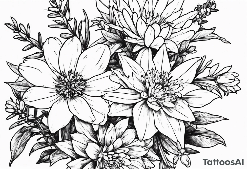 Aster and larkspur bouquet tattoo idea