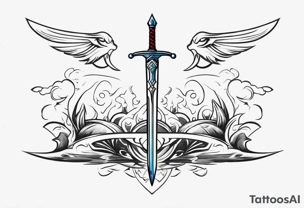 The Master Sword in a clean, minimalist style, with four elemental symbols elegantly arranged around it: fire, water, earth, and air tattoo idea