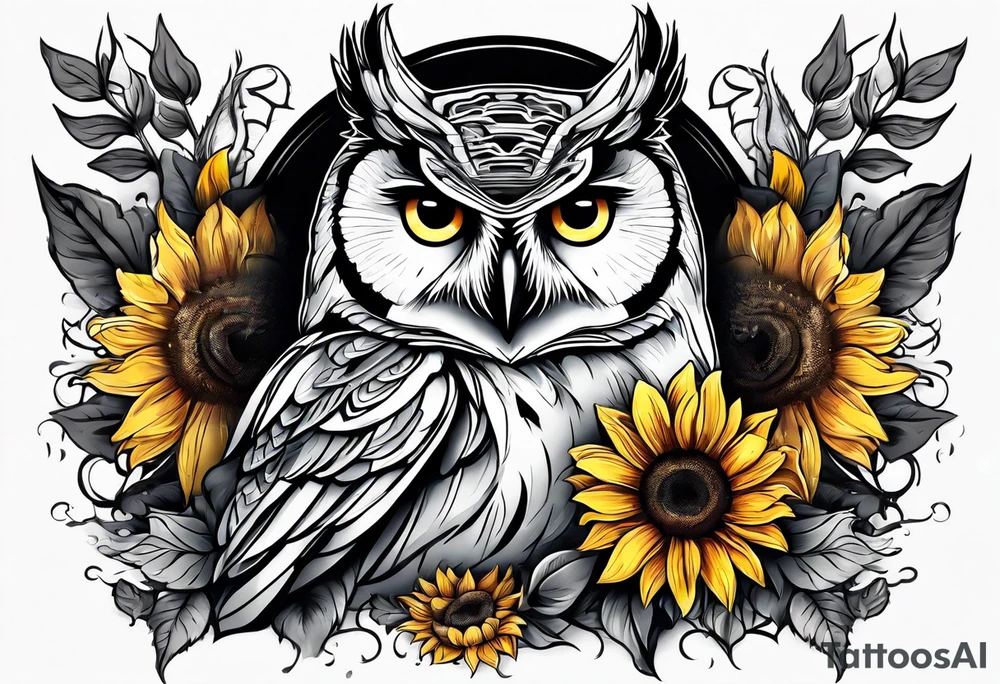 Arm sleeve with owl and sunflowers tattoo idea
