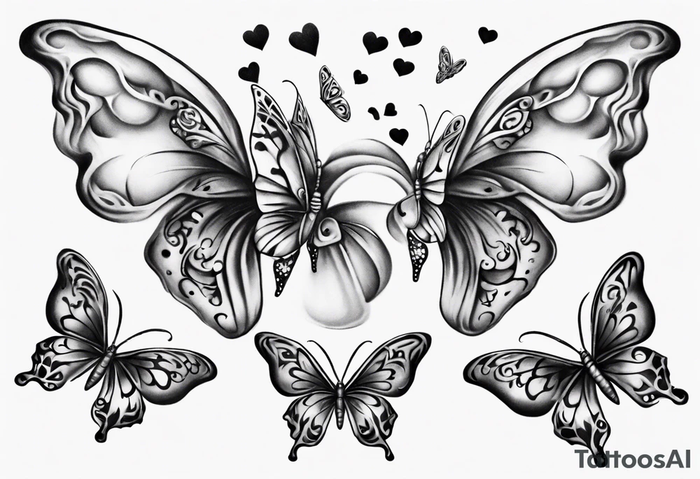 Butterfly with hearts, Layla Jones and 4ever and always designed in the wings tattoo idea