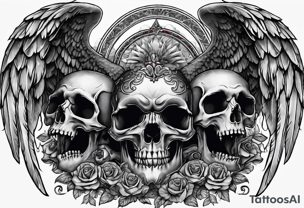 See no evil hear no evil speak no evil  skulls go down the back with angel wings wrapped around the skulls tattoo idea