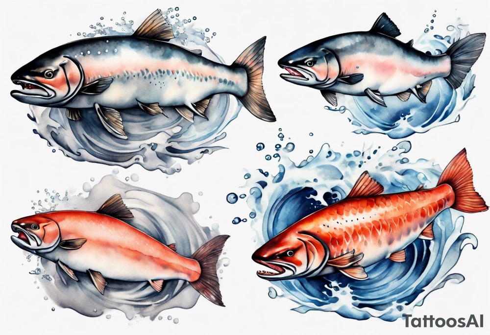 realistic salmon in grey water tattoo idea
