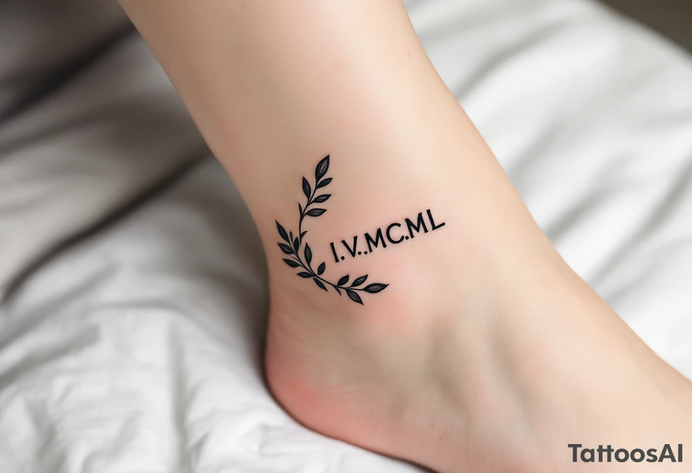 Tiny I.V.MCML on the ankle in black, paired with grayscale olive branches extending around the leg tattoo idea