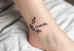 Tiny I.V.MCML on the ankle in black, paired with grayscale olive branches extending around the leg tattoo idea