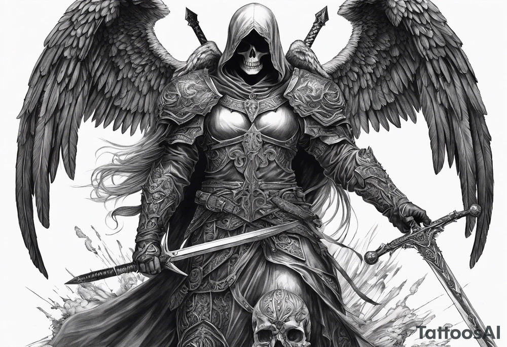 realistic angel of death, full body, no face visible, holding a sword in both hands, the sword is pointing downwards, skulls lie on the ground tattoo idea